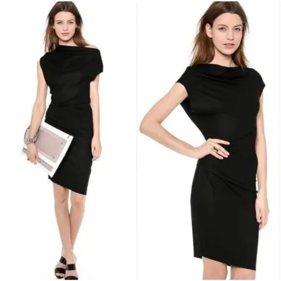 Helmut Lang Sonar Dress 100% Wool Asymmetrical Gathered Dress Artsy Lagenlook L - Picture 12 of 12